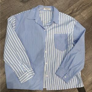 storets Women's Blue and White Striped Button Down Shirt
